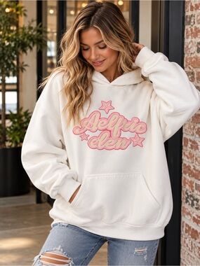 Aelfric Eden Cream Hoodie with Pink Script Logo